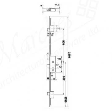 3 Point Linear Door Lock 2250 x 35mm B/Set (16mm FP) - Stainless Steel