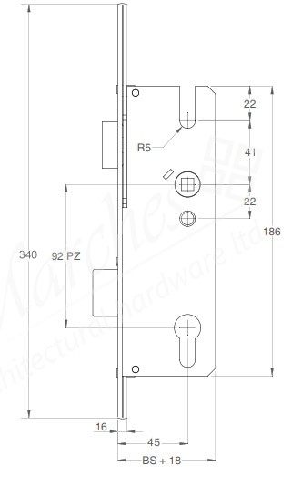Winkhaus Single 92mm cc Espag Lock (16mm Face Plate) - 45mm b/s