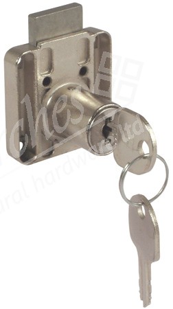 Rim lock, ø 18 mm cylinder, 26 mm backset, for drawers, random key changes