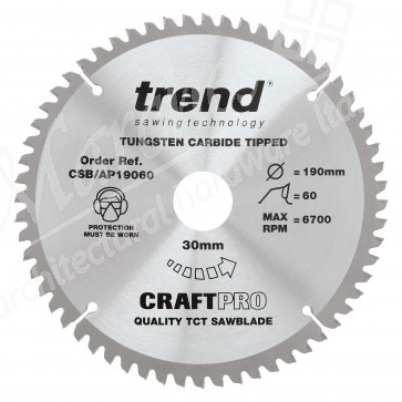 Trend CSB/AP19060 Aluminium / Plastic Saw Blade - 190mm x 60T x 30mm Bore