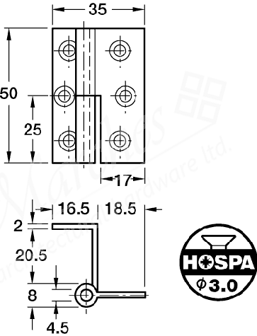 Drawn profiled brass hinge, cranked, for 20-21 mm door thickness