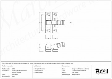 Prestbury Brighton Fastener - Narrow (Square) - Aged Brass