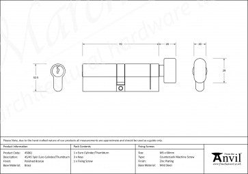 45/45 5pin Euro Cylinder/Thumbturn - Polished Bronze