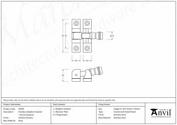 Prestbury Brighton Fastener - Narrow (Square) - Polished Chrome