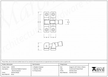 Mushroom Brighton Fastener - Narrow (Square) - Polished Nickel