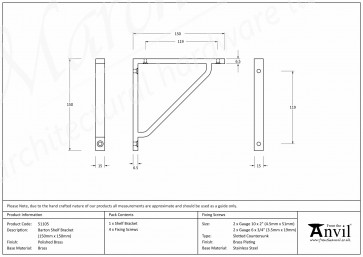 Barton Shelf Bracket (150mm x 150mm) - Polished Brass