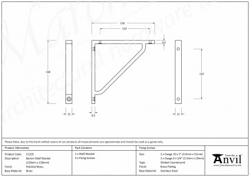 Barton Shelf Bracket (150mm x 150mm) - Polished Brass