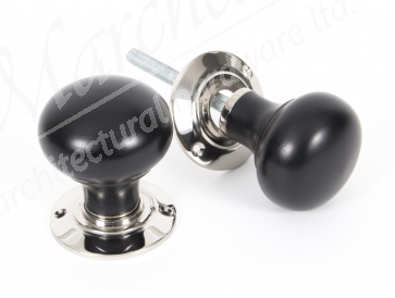 Ebony Bun Mortice/Rim Knob Sets - Polished Nickel Roses