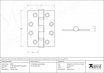 4" Ball Bearing Butt Hinge (Pair) SS - Black