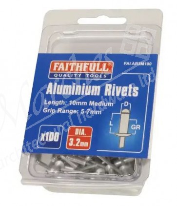 Aluminium Rivets 3.2mm x 10mm Medium Pre-Pack of 100
