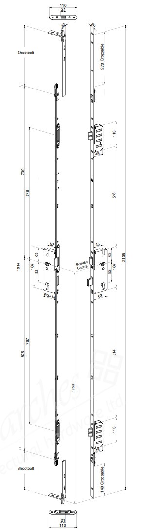 Winkhaus FGTE LH French Door (Klone) Lock Set 1804-1964mm door height