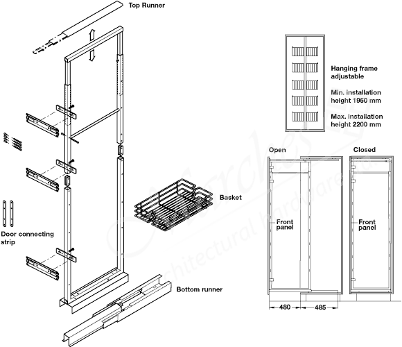 Larder unit, centre mounting, height adjustable (19502200 mm), for 300600 mm width