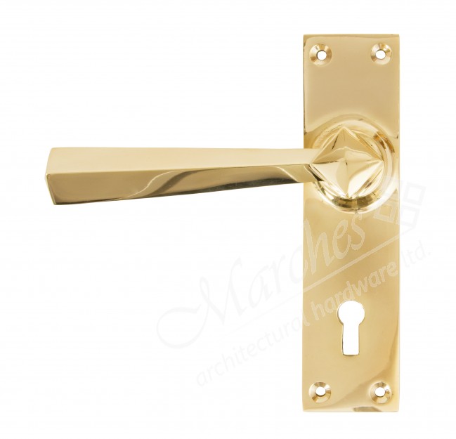 Straight Door Handle Set Brass Lever Handles on Backplate Door