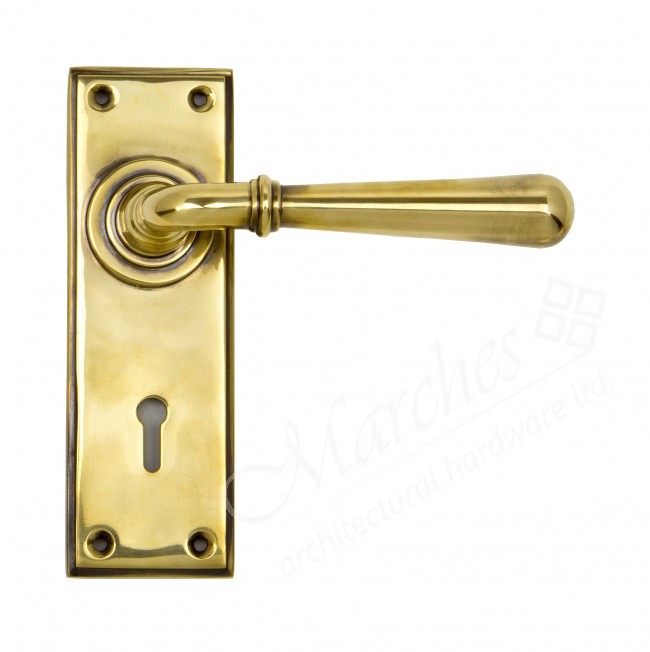 Newbury Lever Handles Aged Brass Lever Handles on Backplate Door