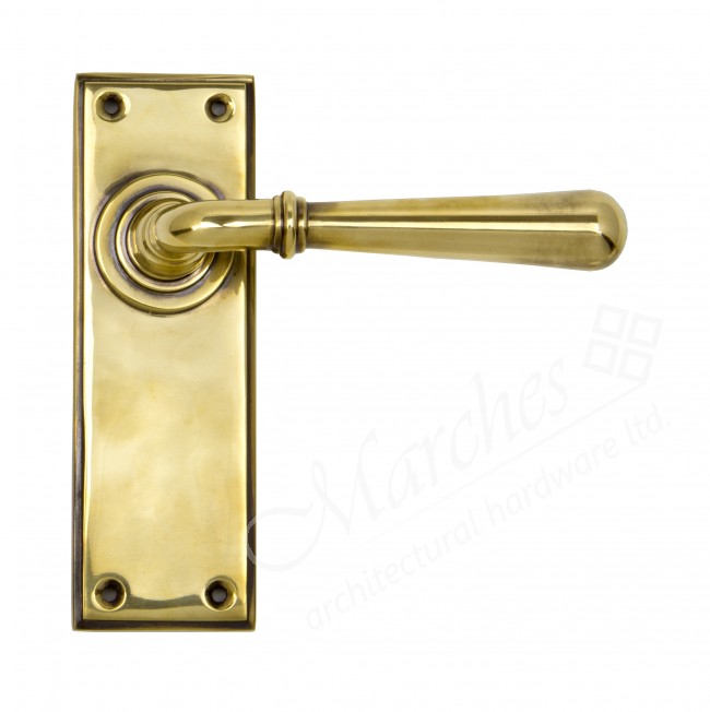 Newbury Lever Handles Aged Brass Lever Handles on Backplate Door