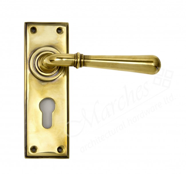 Newbury Lever Handles Aged Brass Lever Handles on Backplate Door