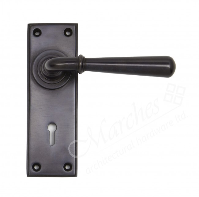Newbury Lever Handles Aged Bronze Lever Handles on Backplate Door