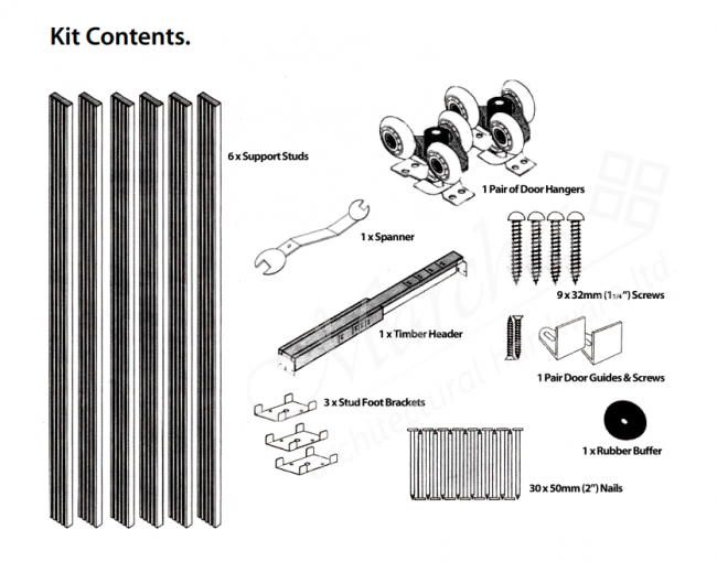 90kg Pocket Door Kit for 2032mm x 915mm Doors (3544mm Thick) Pocket