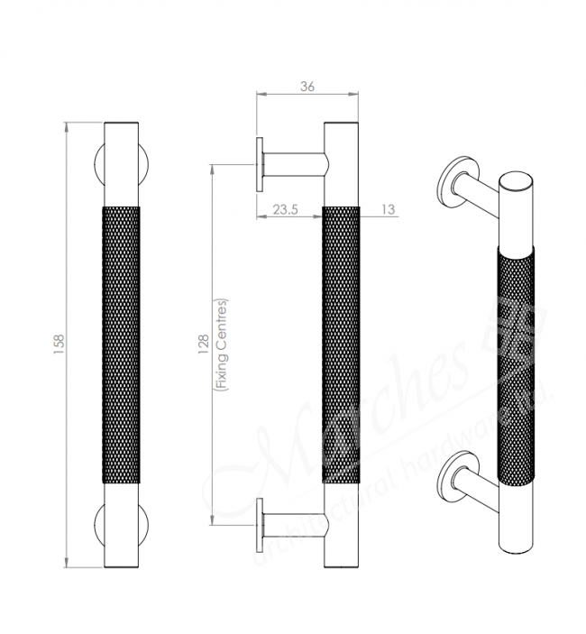 Knurled Pull Handle 158mm (128mm cc) Polished Chrome