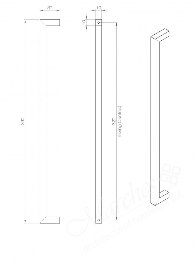 330mm Block Cupboard Handle (320cc) Various Finishes Bar Handles